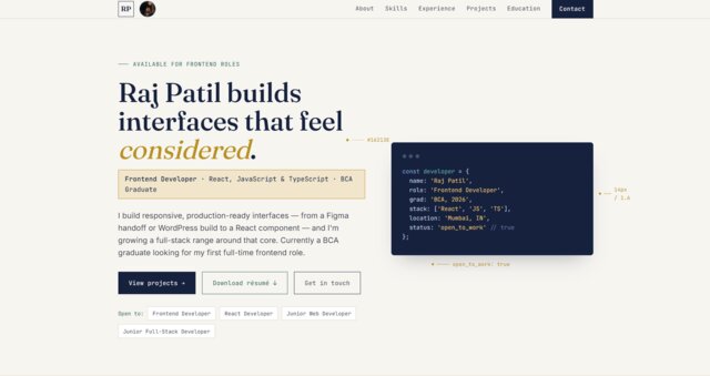 Raj Patil portfolio hero section showing headline, positioning statement, code panel and open-to-work roles