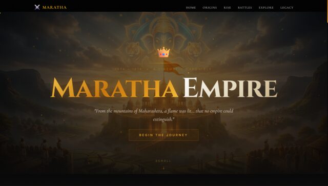Scroll-Maratha homepage — Maratha Empire hero section with cinematic title and 'Begin the Journey' call to action
